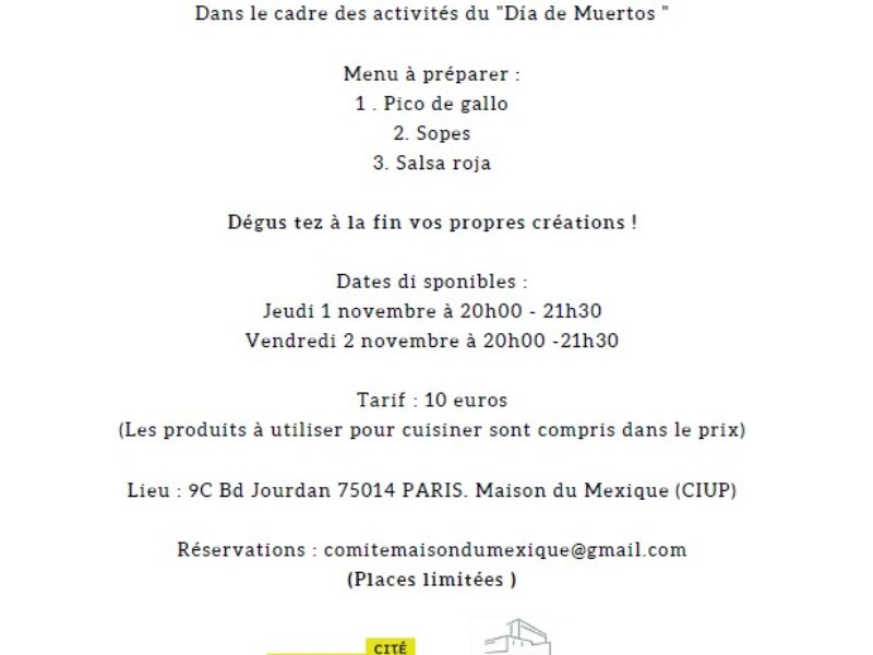 Atelier de Cuisine mexicaine, 1 et 2 novembre – 20h –