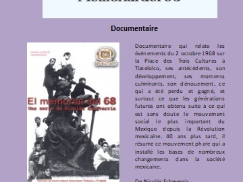 Cycle de Cinéma Mexico 68 – Mémorial del 68 -17 octobre 2018 – 20h
